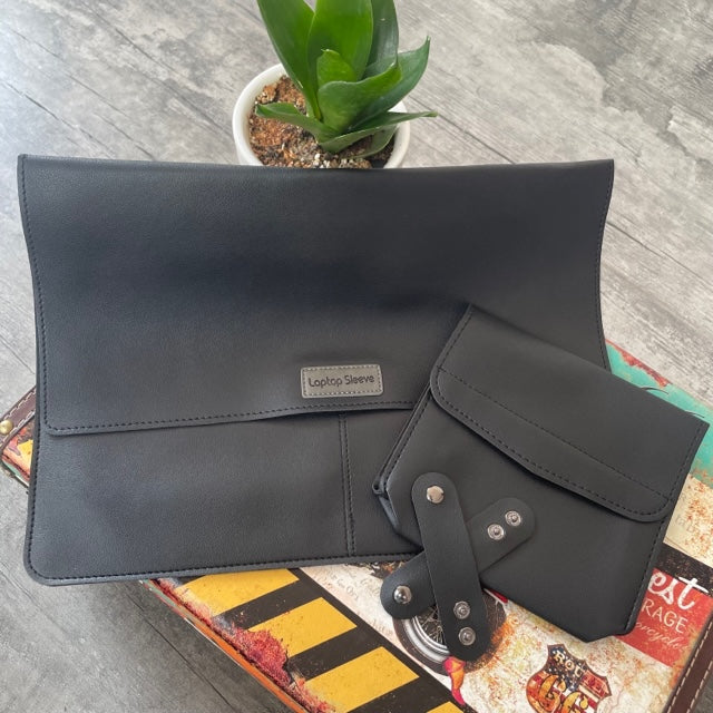 Black PU Leather Laptop Sleeve With Charger Cover and Tie Down Straps