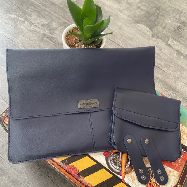 Midnight Blue PU Leather Laptop Sleeve With Charger Cover and Tie Down Straps