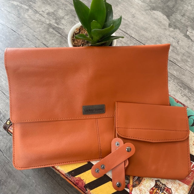 Tan Brown PU Leather Laptop Sleeve With Charger Cover and Tie Down Straps