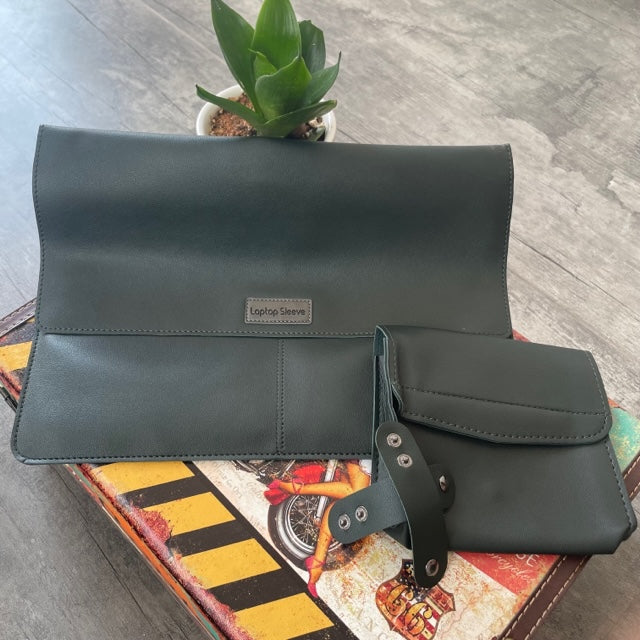 Dark Green PU Leather Laptop Sleeve With Charger Cover and Tie Down Straps