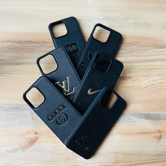 Black Series luxury leather 3D embossed iPhone case with gold monogram emblem