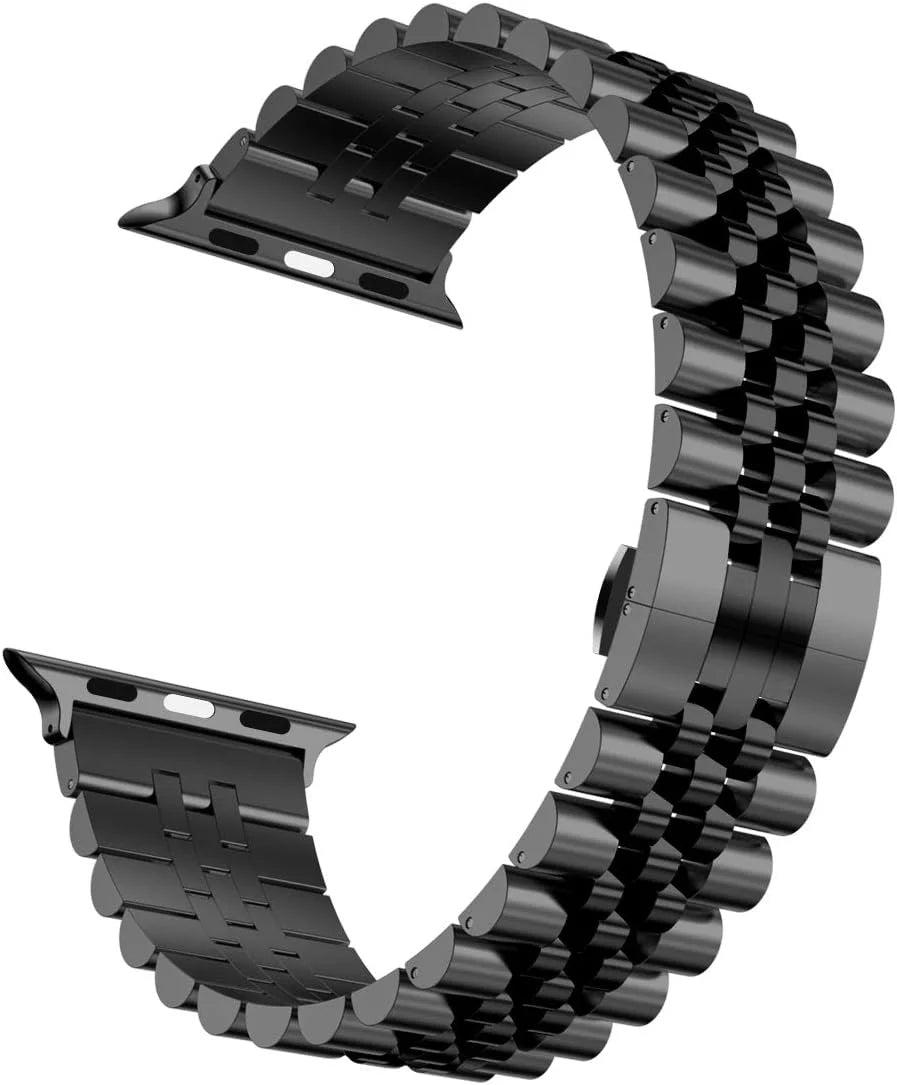 Black stainless steel Apple Watch band link and clasp detail close-up