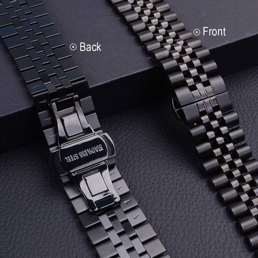 Black watch strap showing front and back views on a dark background