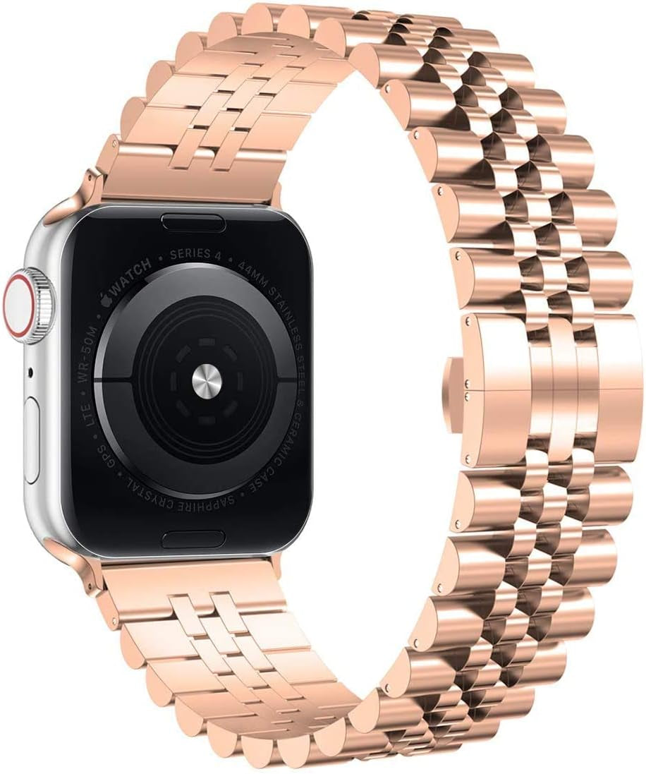 Shop our stunning luxury rose gold stainless steel band for Apple Watch. This elegant strap adds sophistication and style to any model. Fits all sizes (38mm to 49mm).