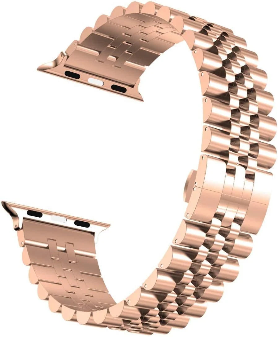 Rose gold Apple Watch band clasp and link detail close-up