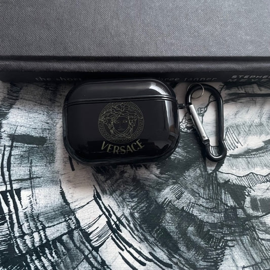 Black Ver-sa-ce Glossy Silicone Airpods Case Cover for Pro