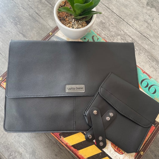 Black PU Leather Laptop Sleeve With Charger Cover and Tie Down Straps