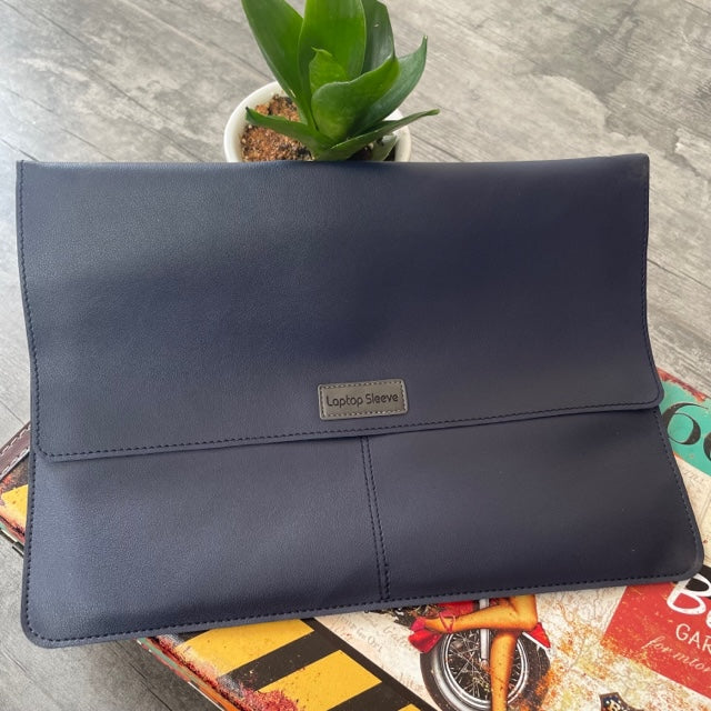 Midnight Blue PU Leather Laptop Sleeve With Charger Cover and Tie Down Straps