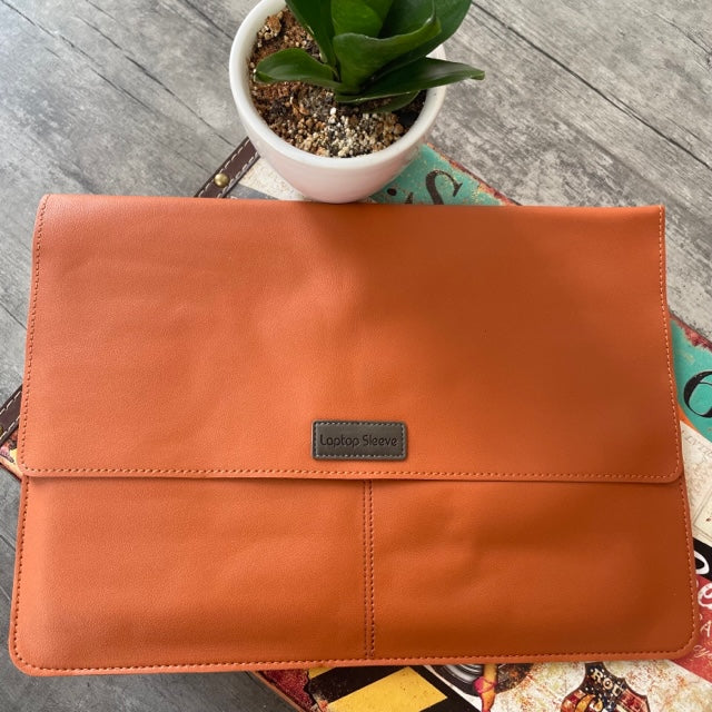 Tan Brown PU Leather Laptop Sleeve With Charger Cover and Tie Down Straps