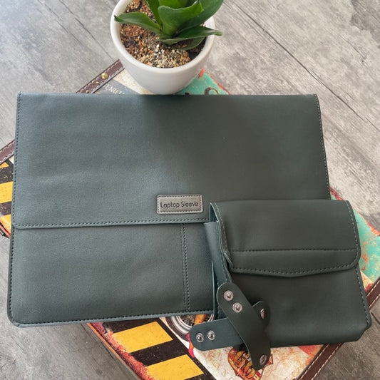 Dark Green PU Leather Laptop Sleeve With Charger Cover and Tie Down Straps