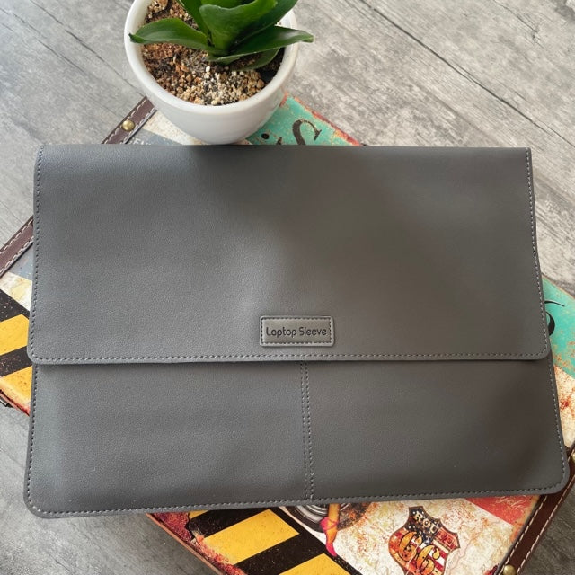 Grey PU Leather Laptop Sleeve With Charger Cover and Tie Down Straps