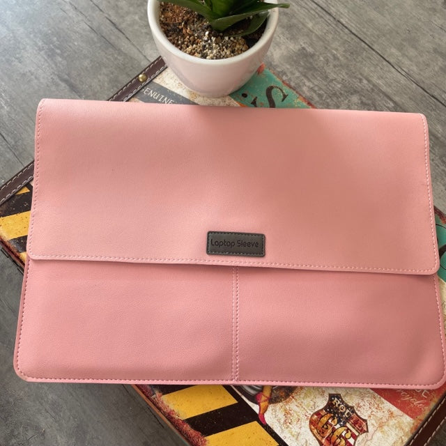 Pink PU Leather Laptop Sleeve With Charger Cover and Tie Down Straps
